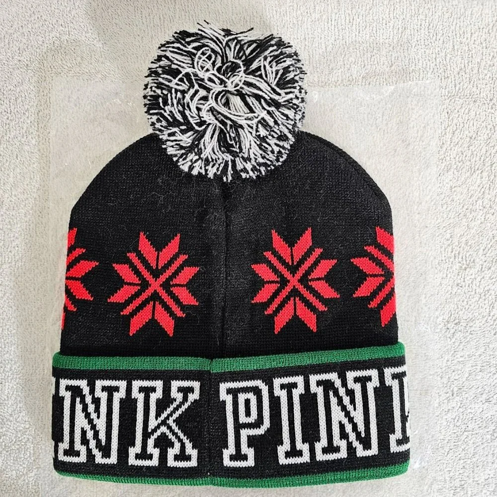 Victoria's Secret PINK Snowflake Beanie Winter Hat w Pom Pom Black Red Green New - Picture 3 of 5
